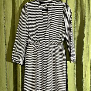 Paris Vintage White & Blue Striped Dress | French Chic | Midi | M